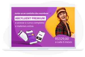 Estudante sorridente com boina e mochila mostrando banner Abcfluent Premium semestral - R$329 a cada 6 meses