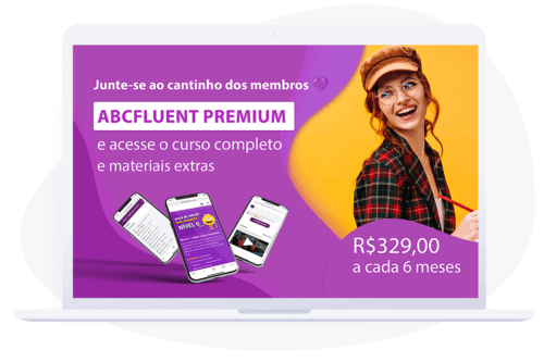 Estudante sorridente com boina e mochila mostrando banner Abcfluent Premium semestral - R$329 a cada 6 meses