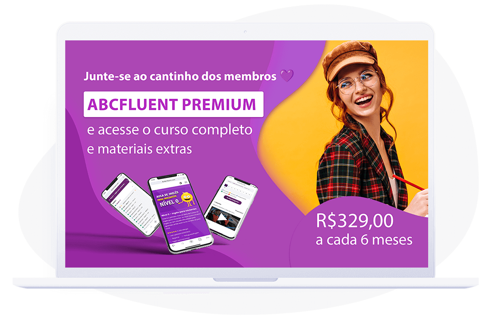 Estudante sorridente com boina e mochila mostrando banner Abcfluent Premium semestral - R$329 a cada 6 meses