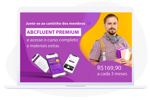 Estudante com fones de ouvido e cadernos mostrando banner Abcfluent Premium trimestral - R$169,90 a cada 3 meses
