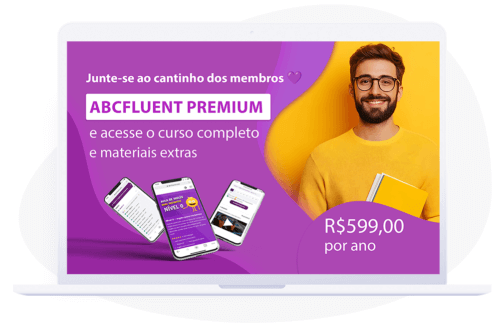 Estudante sorrindo com livro mostrando banner Abcfluent Premium anual - R$599 por ano com curso completo de inglês